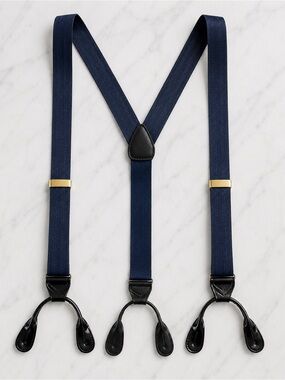 Mens Silk Suspenders Button Straps Adjustable Navy Blue Gold Quiet Luxury